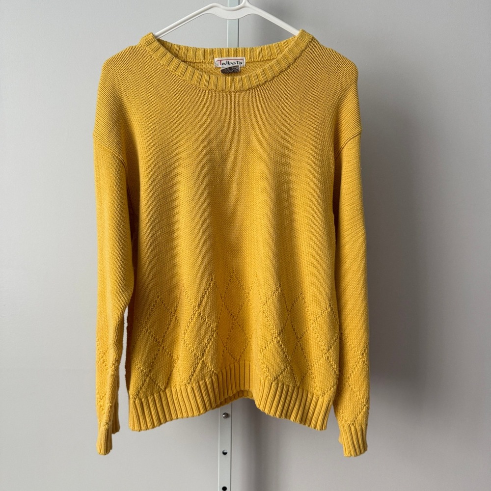 VTG Talbots L Butter Yellow Sweater Diamond Textured Knit Cotton Pullover Preppy